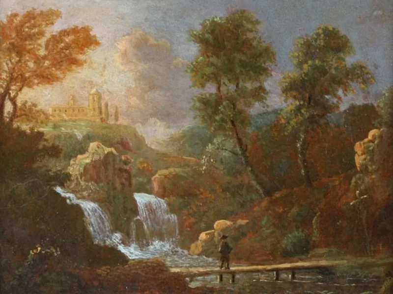 1630-Willem van Bemmel - Paesaggio con figura su un ponte nei pressi di una cascata